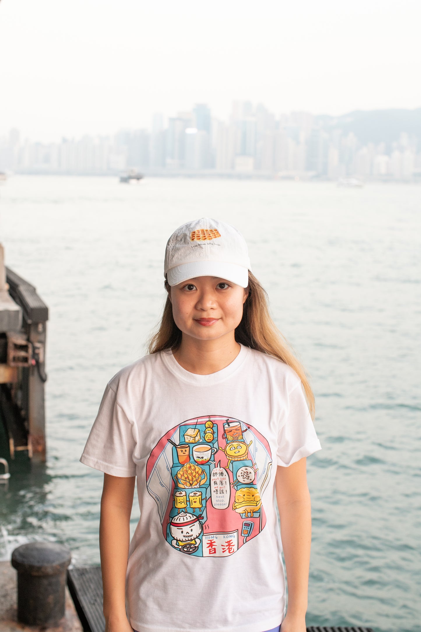 Mini Bus Series Hong Kong Snacks T-shirt (White T-shirt / Light Pink Graphic)